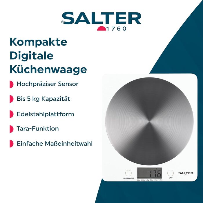 Кухонні ваги Salter 1036 BKSSDR: електронні, цифрові, 5 кг, функція тарування, нержавіюча сталь, вимірювання рідин (мл/fl. oz), LCD-дисплей