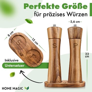 Набір з 2 мельниць для солі та перцю Pfeffermühle Holz з акації з підставкою | Преміум якість, керамічний механізм