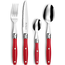 Набір столових приборів Lou Laguiole для стейків (24 шт.) | Набір столових приборів для 6 осіб | Червоний | Нержавіюча сталь | З хвилястим лезом