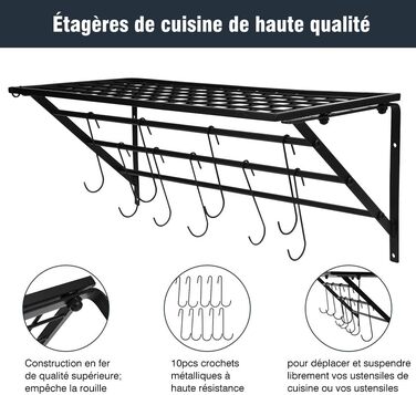 Ejoyous Kitchen Shelf Pan Shelf Kitchen Storage, Kitchen Wall Shelf Kitchen Wall Shelf Kitchen Holder Pan Holder with 10 S-shaped Hooks for Hallways Kitchen Bathrooms 60 x 25 x 25 cm