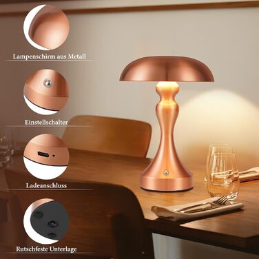 Бездротова настільна лампа з акумулятором - LED торшер з сенсорним керуванням, регулюванням яскравості, вінтажний дизайн, USB зарядка, нічник для спальні/вітальні (червоно-бронзовий)