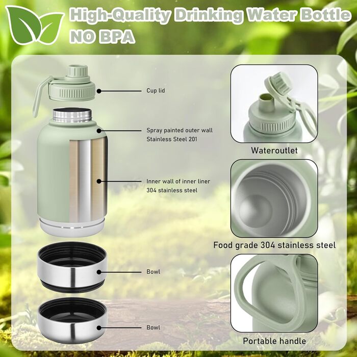 Миска для собак 3-в-1 з термоізоляцією, зелена, L | Миска, пляшка для води, годівниця для собак на винос