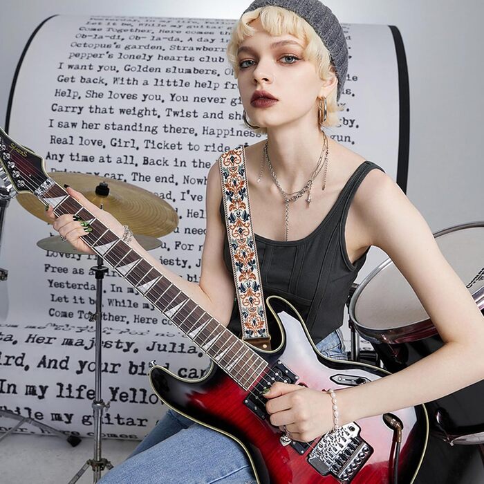 Гітарний ремінь з бавовни для акустичної гітари, 2 шт., вишиті ремені для бас-гітари, електрогітари та акустичної гітари, безкоштовна пряжка, замок для ременя та медіатор (Retro-gold-jacquard)