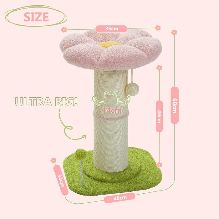 Flower Cat Tree - Small Cat Tree for Indoor Cats with Super Thick Scratching Post [Dia=14cm], Detachable Flower Cat Bed, Feather Ball - Pink