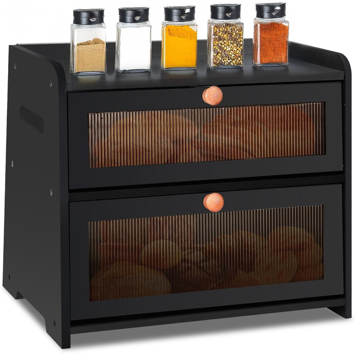 Бак для хліба з бамбука для кухні, 2-шаровий контейнер для домашнього хліба, чорний прямокутний, велика місткість