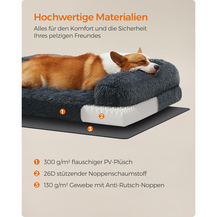 Ліжко для собак Feandrea FluffyHug, XXL, для великих собак, з м'яким наповнювачем, знімний та пральний чохол, 122 x 85 x 19 см, сірий Ombré PGW234G01V1