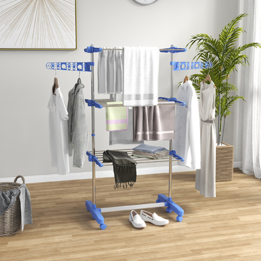 HOMCOM Clothes Dryer Tower with Wheels, 3 Tiers, Foldable Side Wings, Steel, Blue | Aosom
