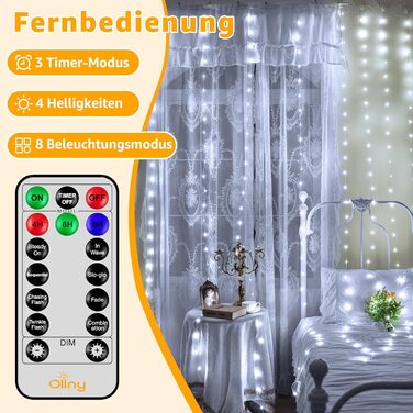 Льодосвітний штора-гірлянда для декору приміщень та вулиці, 3x3м, 300 LED, 8 режимів, IP67, пульт, таймер, димування, для декору на Різдво, двері, стіни, вечірки, вікна, балкон (тепле біле світло)