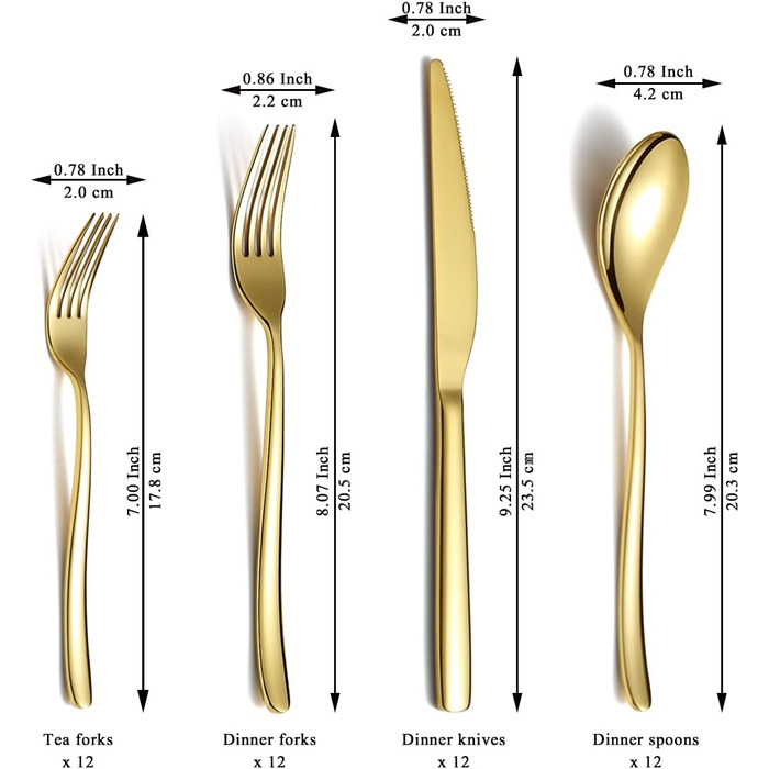 Gold Flatware Set, 48-Piece Service for 12 People, Golden Titanium Stainless Steel Flatware Set, Gold Spoon Fork Knife Set for Home, Wedding, Restaurant, Hotel, Dishwasher-Safe
