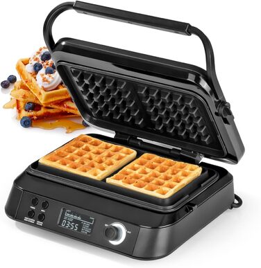 N8WERK Premium Waffle Maker for Belgian Waffles | Powerful 1,600 Watts, double heating elements, 5 programs & 7 browning levels | LCD display, timer, extra deep heating plates for particularly airy waffles