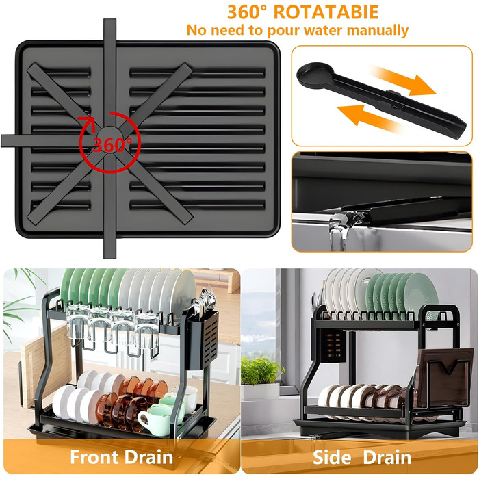Сушарка для посуду з нержавіючої сталі з двома ярусами, з підставкою для обрізки, тримачем для чашок, столових приборів та зливною чашею. Ідеальна для кухні.