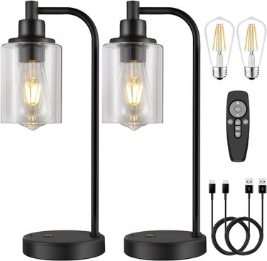 Акумуляторна настільна лампа бездротова з пультом, сенсорне регулювання яскравості, скляний плафон, нічник для спальні та вітальні, чорна