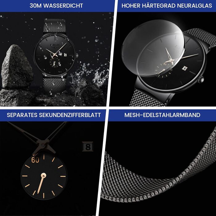Годинник чоловічий LIGE Retro з нержавіючої сталі, водонепроникний, вінтажний, кварцовий, з датою, для бізнесу та повсякденного носіння. Чоловічі годинники (Золотий, Чорний)