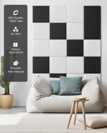 Акустичні панелі для шумоізоляції стін самоклеючі, квадратні звукопоглинаючі плити високої щільності, 30x30x0.9 см, чорні, 12 шт.