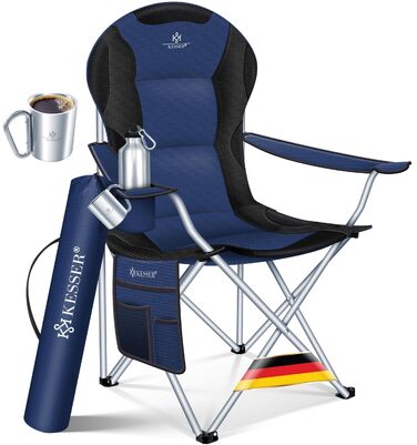 Крісло кемпінгове складне KESSER® до 150 кг, з підлокітниками та підсклянником, висока спинка, сіре (Navyblau / Чорний)