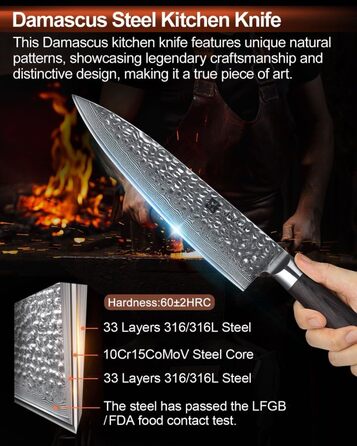 Ніж кухарський XINZUO Gyuto 20.1 см з дамаської сталі, професійний, серія He