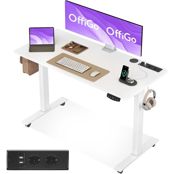 OffiGo Electric Standing Desk with USB Ports - Adjustable Height Desk, Memory Function, 160cm Width, White - Office & Home Desk