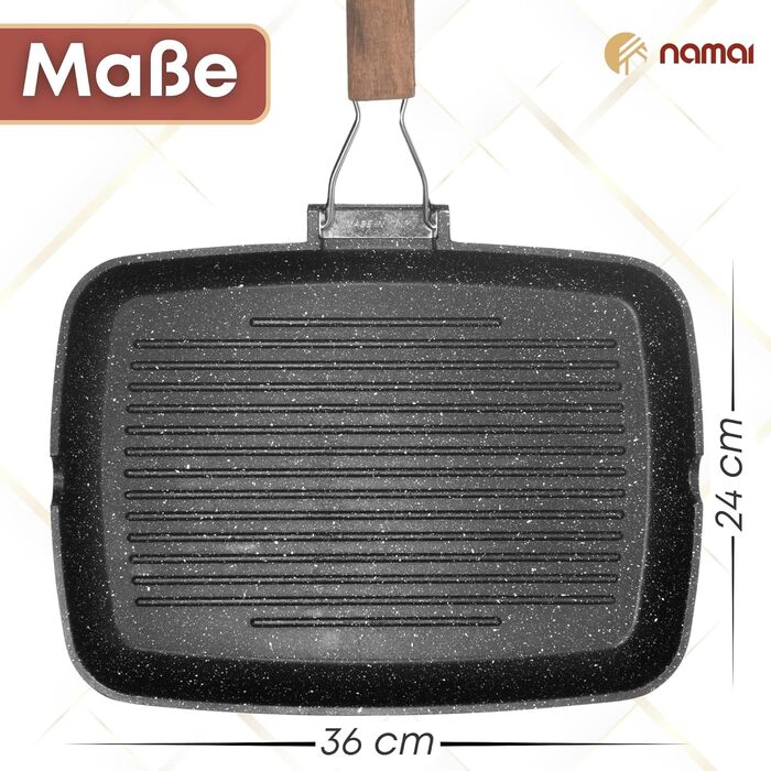 Гриль-сковорода NAMAI 36x24 см, антипригарна, алюмінієва, для газу, без індукції, для посудомийки, вироблено в Італії, чорна