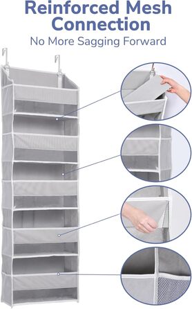 Органайзер для дверей ULG з 5 великими та 10 сітчастими кишенями, вантажопідйомність 20 кг, для спальні, ванної, кухні (сірий)