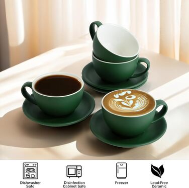 Набір кавових чашок Капучіно Yundu 4шт по 300мл - керамічні чашки з блюдцями, матові темно-зелені відтінки для лате-арту та бариста, великий набір мока чашок та блюдець