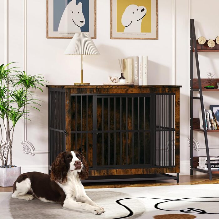 Дерев'яний вольєр для собак з двома дверцятами, міцний вольєр-будка для великих, середніх та малих собак, знімний піддон, 97.5 x 97.5x59x77.5 см