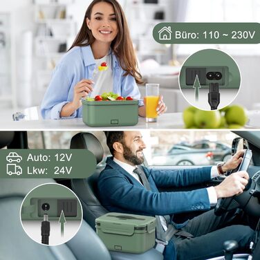 Vabaso 100W Electric Lunch Box for Adults, Thermal with Cutlery and Insulated Lunch Bag, 12/24/110V~230V, Leak-Proof, 1.8L Large Container, Food Container with Compartments for Car, Truck, Home