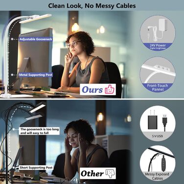 LED Desk Lamp with Adjustable Brightness - 1200 Lumens, Dual Head, Clamp-On for Home Office, Eye Protection, Gooseneck Design, 5 Color Temperature Settings, Metal Base