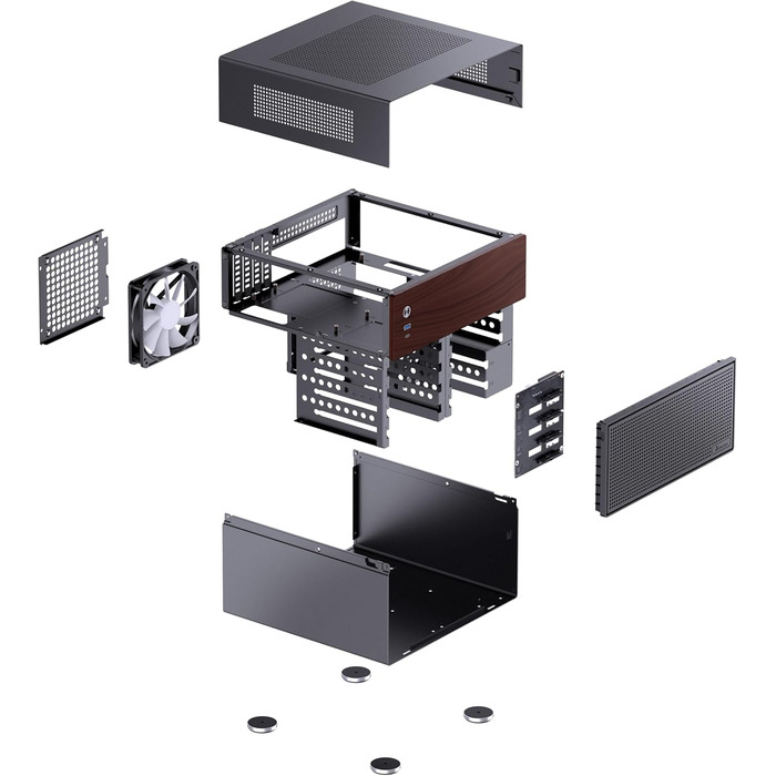Корпус Jonsbo N4 NAS чорного кольору – компактний Micro-ATX корпус для саморобних NAS, підтримка 6x 3.5' та 2x 2.5' HDD, 4 слоти Low-Profile, USB-C & USB-A, дерев'яний дизайн