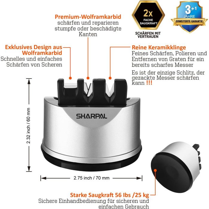SHARPAL 191H - ручний точило для ножів з 3 ступенями, професійне, з присоскою. Підходить для ножів з прямим та хвилястим лезом