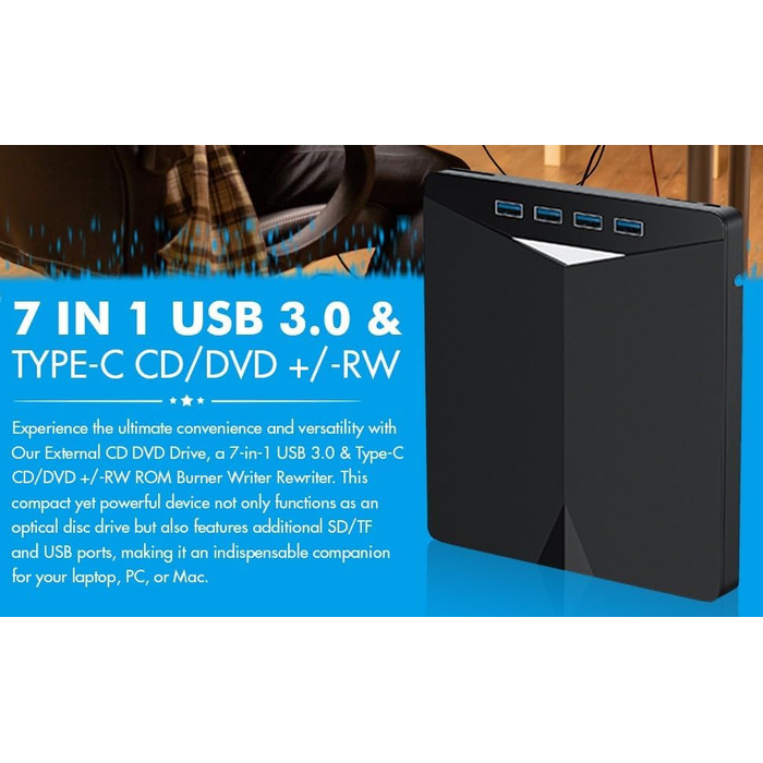 Зовнішній USB 3.0 CD/DVD-привід для ноутбука та ПК, портативний DVD-плеєр з 4 USB-портами та 2 слотами для TF/SD карт