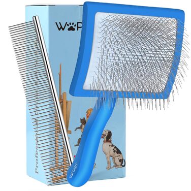 Гребінець для собак та котів Slicker з дерев'яною ручкою та довгими шпильками з нержавіючої сталі – видаляє підшерсток, ковтуни та вузли – з гребенем для догляду – для Голден Ретрівірів та Мейн Кунів – великий (синій)