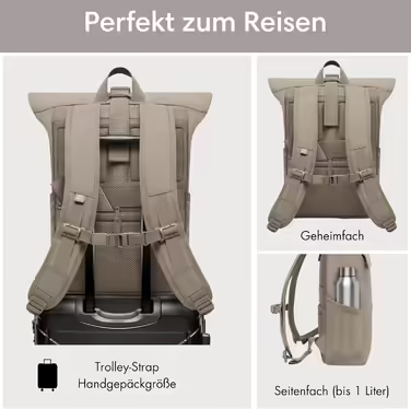 Women's & Men's Rucksack - No. 4 - Rolltop Backpack with Laptop Compartment for University, Work & Cycling - Large Travel Backpack - Water-Repellent (Gravel)