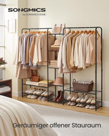 SONGMICS Clothes Rack, Open Wardrobe, Clothes Rail, Coat Rack with Shelves, Metal Wardrobe, Freestanding, Matte Black LGR462B01 (183B cm)