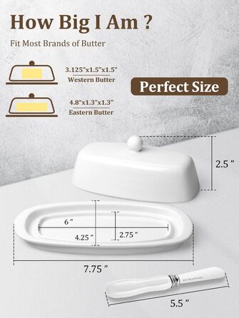 Ceramic Butter Dose with Lid and Knife for Countertop Refrigerator, 20.3 cm, White Butter Holder with Porcelain Lid Knob, Handle for East-West Butter Sticks