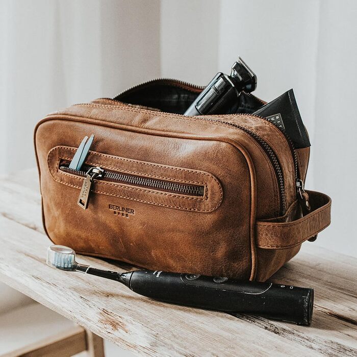Шкіряна косметичка для подорожей Berliner Bags Premium Kulturbeutel Max, велика сумка для гігієни з 2 відділеннями для жінок та чоловіків (Camel)