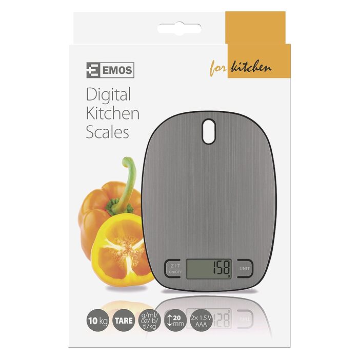 Кухонні ваги EMOS EV027 з нержавіючої сталі - 10 кг, точність 1 г, функція TARA, LCD дисплей, батарейки в комплекті