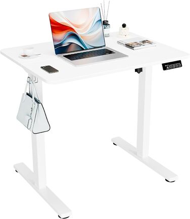 ERGOMAKER Electric Height Adjustable Desk 80x60cm - Small Standing Desk with 2-Section Tabletop, Height Adjustable Desk for Home Office, White Frame & Tabletop
