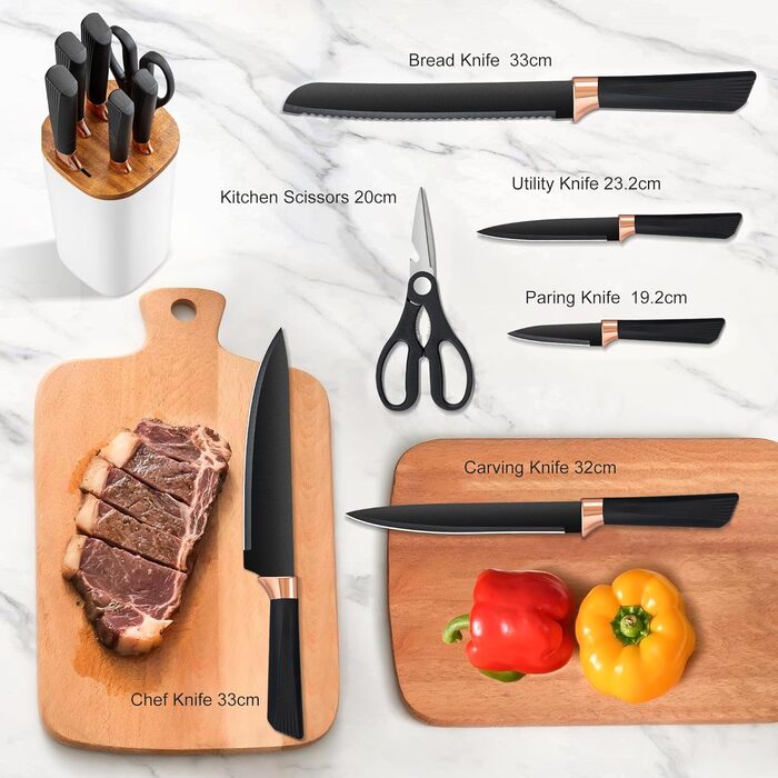 Набір ножів кухонний 6 предметів з блоком, нержавіюча сталь, білий