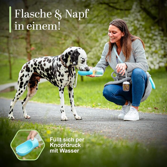 Водяна пляшка для собак на прогулянці 3-в-1 з мискою | Безпечна, BPA-free, з функцією подачі води | 600 мл, блакитна