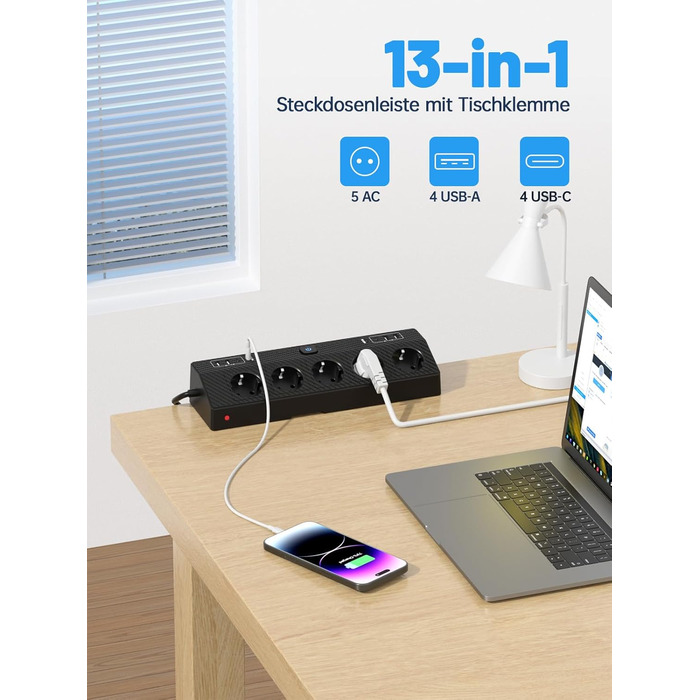 Мережевий фільтр PASSUS з 5 розетками, 2 USB-C (PD 30W), захист від перенапруги, індивідуальне вмикання, 10-в-1, з кабелем 2м, для офісу, чорний