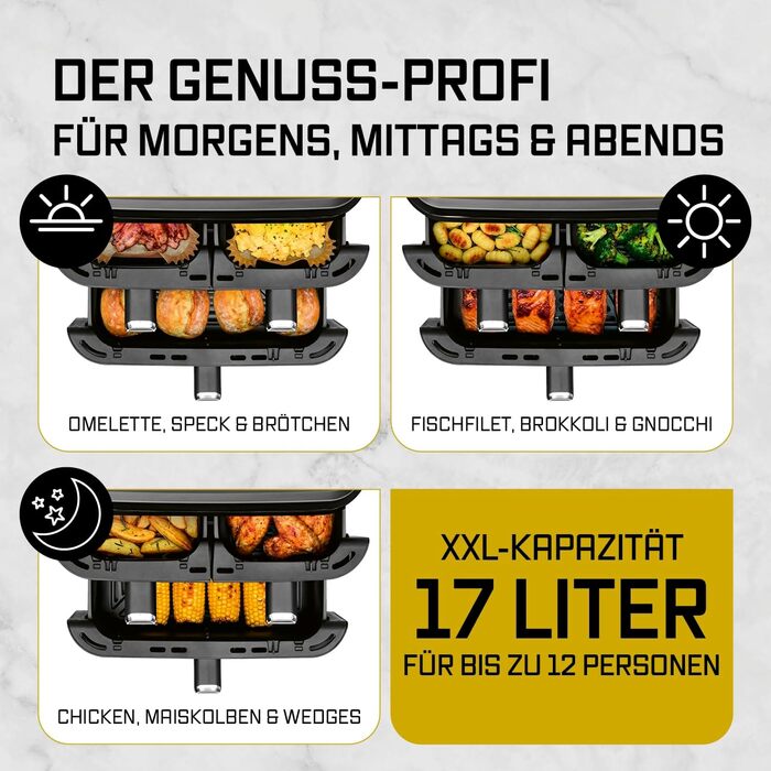 Фритюрниця електрична Gourmetmaxx FryUp3 з 3 камерами 17л, Airfryer з сенсорним дисплеєм, 12 програм, вікном огляду – для 12 осіб