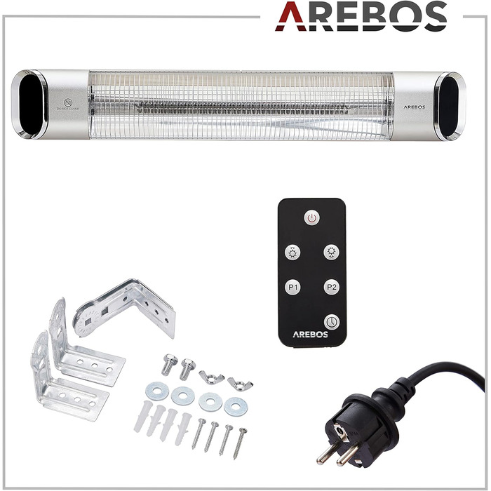 Інфрачервовий обігрівач Arebos 2000W з пульт дистанційного керування | 2 режими нагріву | кут нахилу 60° | комплект кріплення | обігрівач для тераси, даху, стелі | срібляний