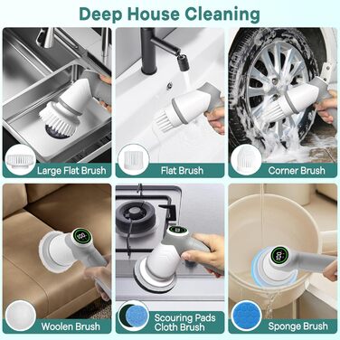 Електрична щітка для прибирання 7 в 1 з регульованою ручкою, змінними насадками, 2 швидкості, для дому, плитки, ванни, білий колір, IPX7