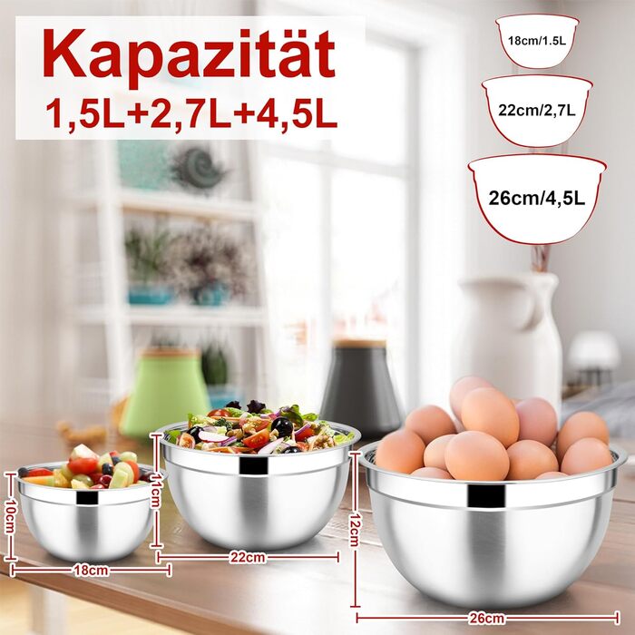 Набір мисок Joyfair, 3 шт. з нержавіючої сталі з кришками, 4.5L/2.7L/1.5L. Ідеально для змішування, сервірування та приготування їжі. Можна мити в посудомийній машині.