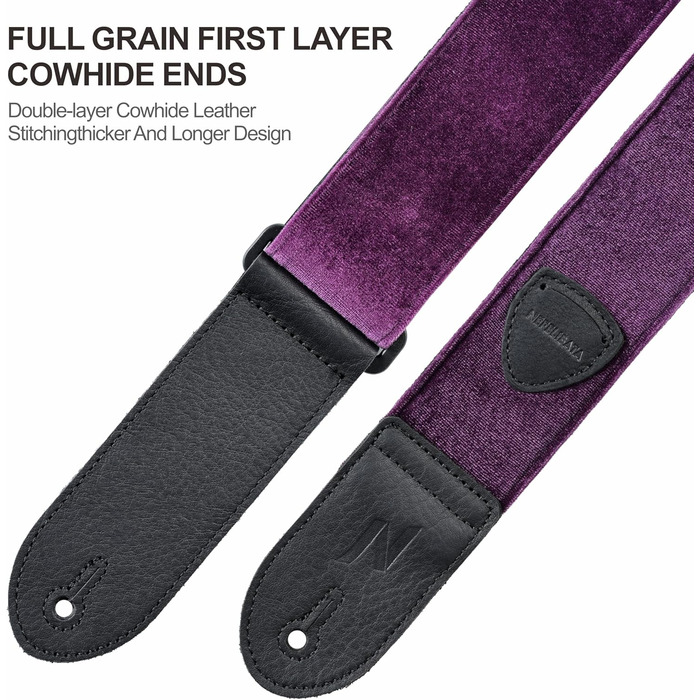 Гітарний ремінь Nefelibata з повного нубуку, вінтажний велюровий ремінь, безкоштовний бонус: 4 медіатори + фіксатори ременя + кнопка для ременя, подарунок для бас/електро/акустичної гітари (вишуканий фіолетовий)