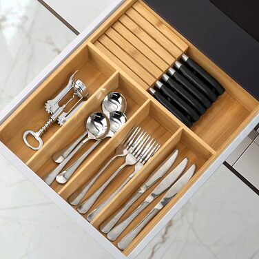 VaeFae Bamboo Cutlery Organizer, Utensil Holder for Drawer, Wooden Cutlery Tray with Divider for Kitchen, Cutlery Storage and Removable Knife Block