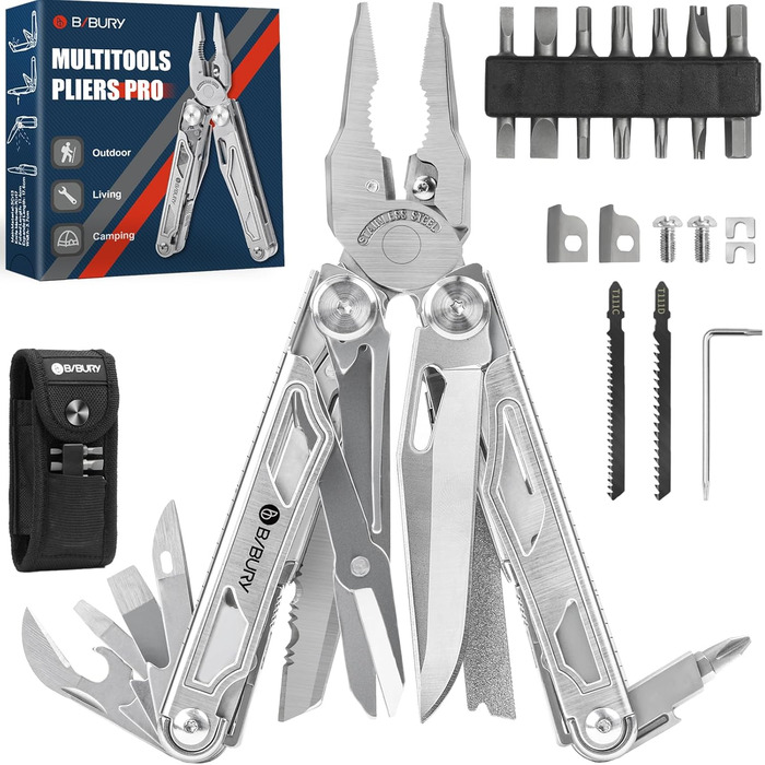 Multitools, Folding Pliers Multi Tool with Improved Scissors and Screwdriver, Stainless Steel with Nylon Pouch, Ideal for Outdoor, Hiking Gift for Dad Men Christmas Gifts