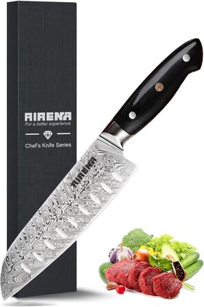 AIRENA Santoku ніж - 7 дюймів, японський стиль, кухонний ніж з нержавіючої сталі X50CrMov15, повний хвостовик, ергономічна ручка Pakkaholz, найкраща продуктивність, надзвичайно гострий ніж для приготування їжі з подарунковою коробкою