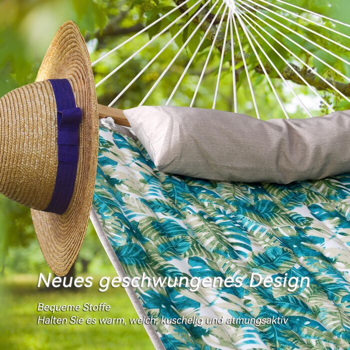 Bathonly Large Outdoor Double Hammock for 2 People, 3m Double Hammock, Quilted Fabric Swing with Foldable Curved Rod, Detachable Pillow, Carry Bag, Holds up to 204 kg (Blueleaves)