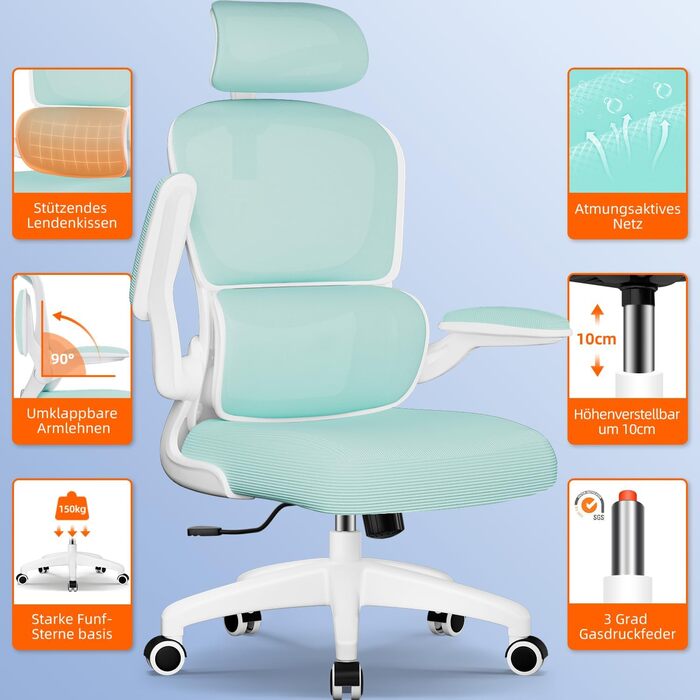 Ергономічне крісло для офісу з регульованою підголівником, поперековою підтримкою та відкидними підлокітниками, крісло для начальника, 150 кг, функція гойдання до 135° (Блакитно-зелений, Модель 2)